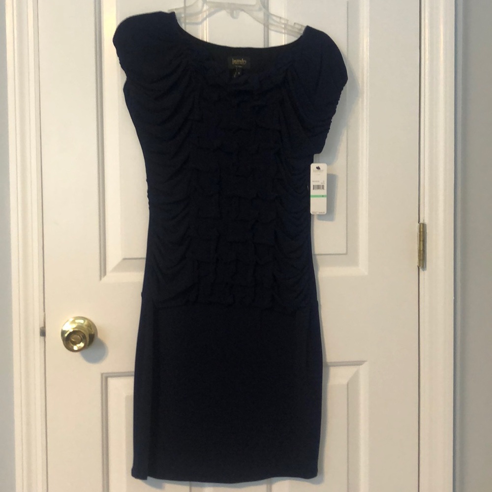 Navy blue dress with ruffled front